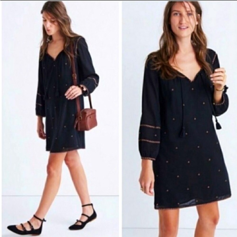 Madewell Embroidered Red Metallic Tassel Tie Tunic Dress
